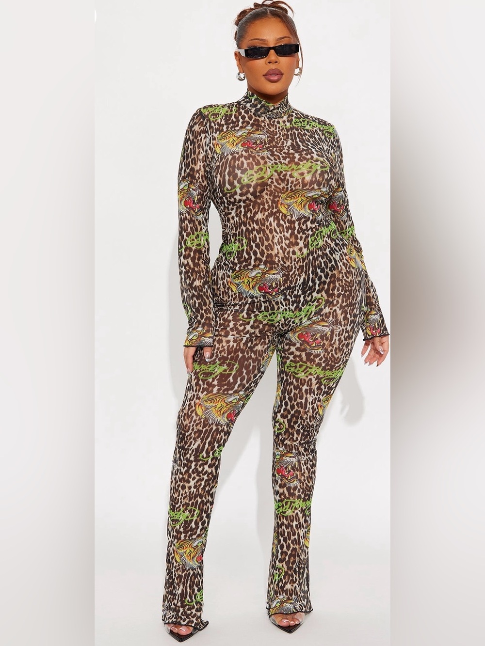 Ed Hardy Brown Leopard Print Sheer Jumpsuit with Neon Green & Tiger Accents